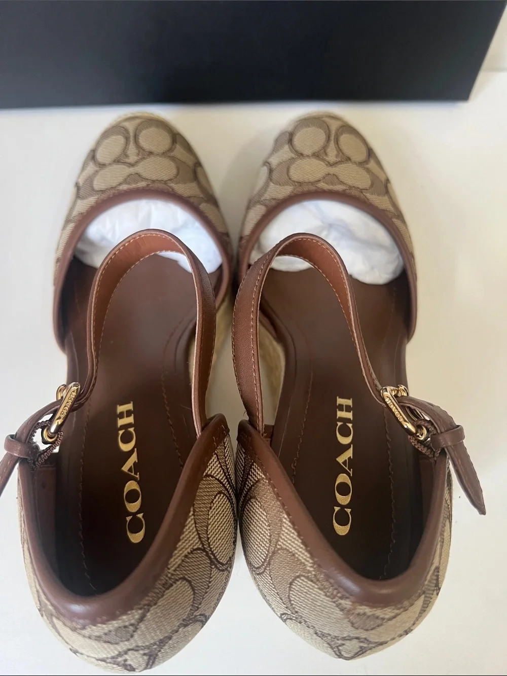 NWT Coach Tan Signature Canvas Espadrille Wedge Sandals